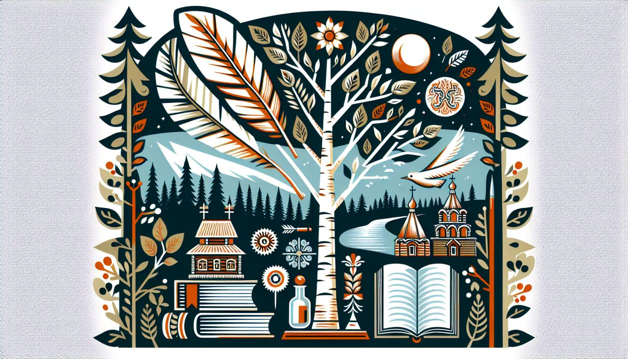 Иллюстрация берёзы на фоне русской природы, с элементами книг и перо, символизирующая литературное наследие и культурные традиции.