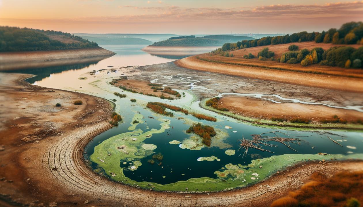 Озеро с загрязненной водой, окруженное сушей и нездоровой растительностью.