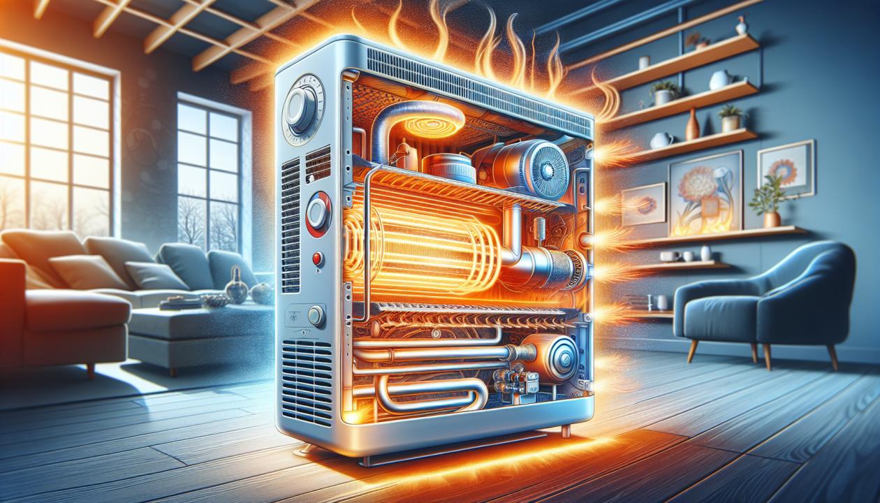Иллюстрация газового конвектора, показывающая внутреннюю структуру: камера сгорания, газовые горелки, систему естественной конвекции воздуха. Фоновая обстановка - жилое помещение, где установлен конвектор, с выделяющимся теплом и обозначением потоков холодного и горячего воздуха.