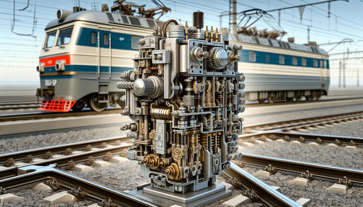Силовой контактор КСП электропоезда ЭД9М, показанный в разрезе, с выделением пневмопривода, механизма переключения и шариковых фиксаторов, фоновое изображение электропоезда на рельсах.