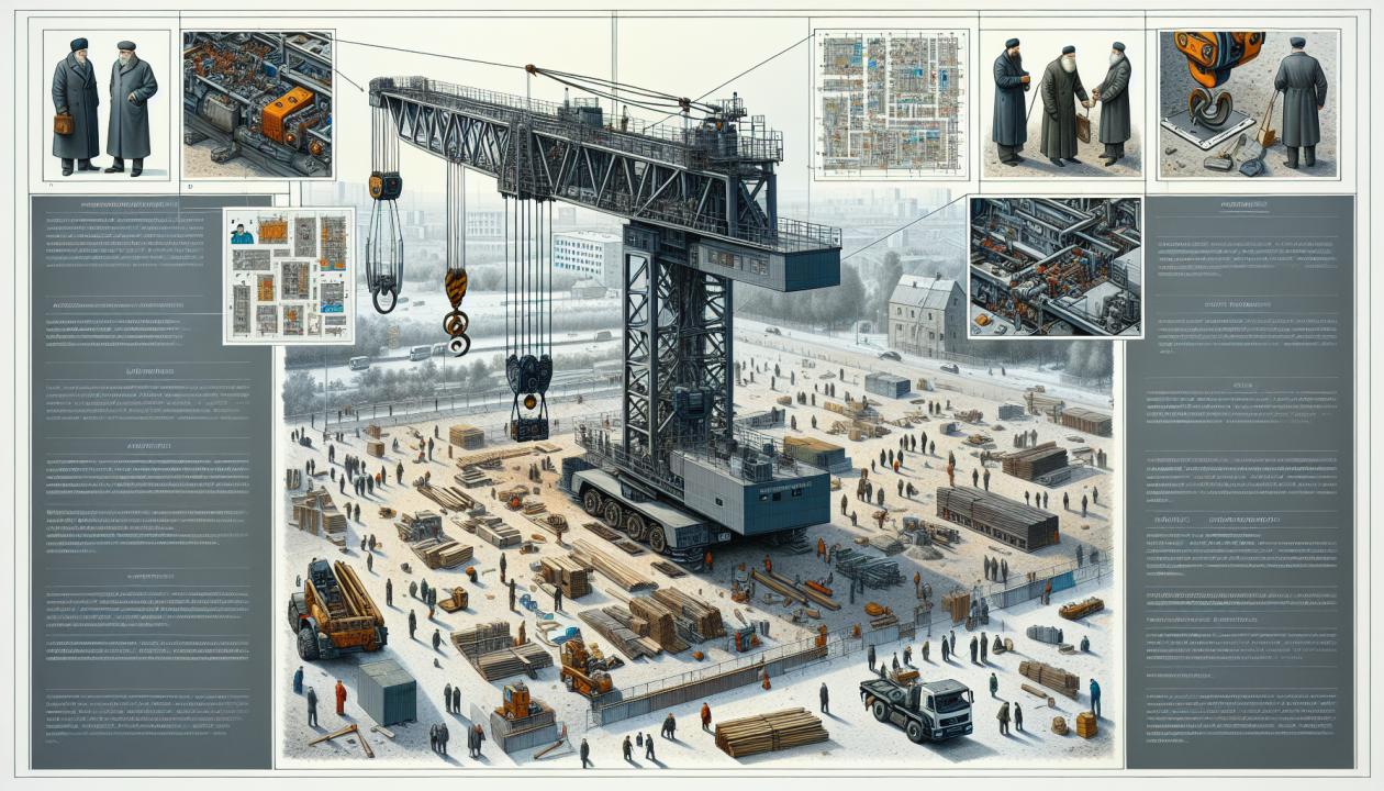 Изображение портального крана, работающего на строительной площадке. На фоне видны рабочие, занимающиеся монтажом, и различные строительные материалы, а также элементы конструкции крана, такие как портал, механизмы подъема и ходовые устройства.