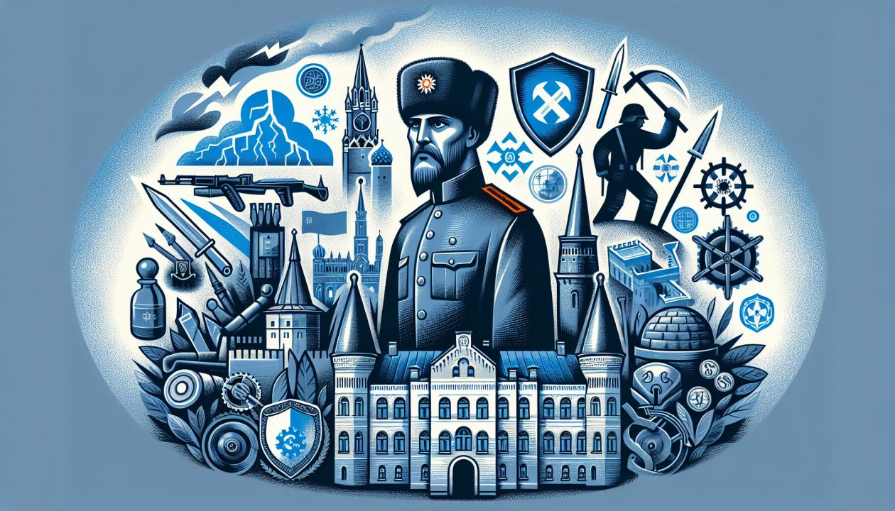 Изображение, иллюстрирующее концепцию государственной и общественной безопасности: на переднем плане — человек, символизирующий гражданские права; на заднем плане — здание государственных структур; в воздухе — символы угроз, такие как молнии, отражающие терроризм и преступность, и символы защиты, такие как щиты и замки, подчеркивающие важность безопасности.