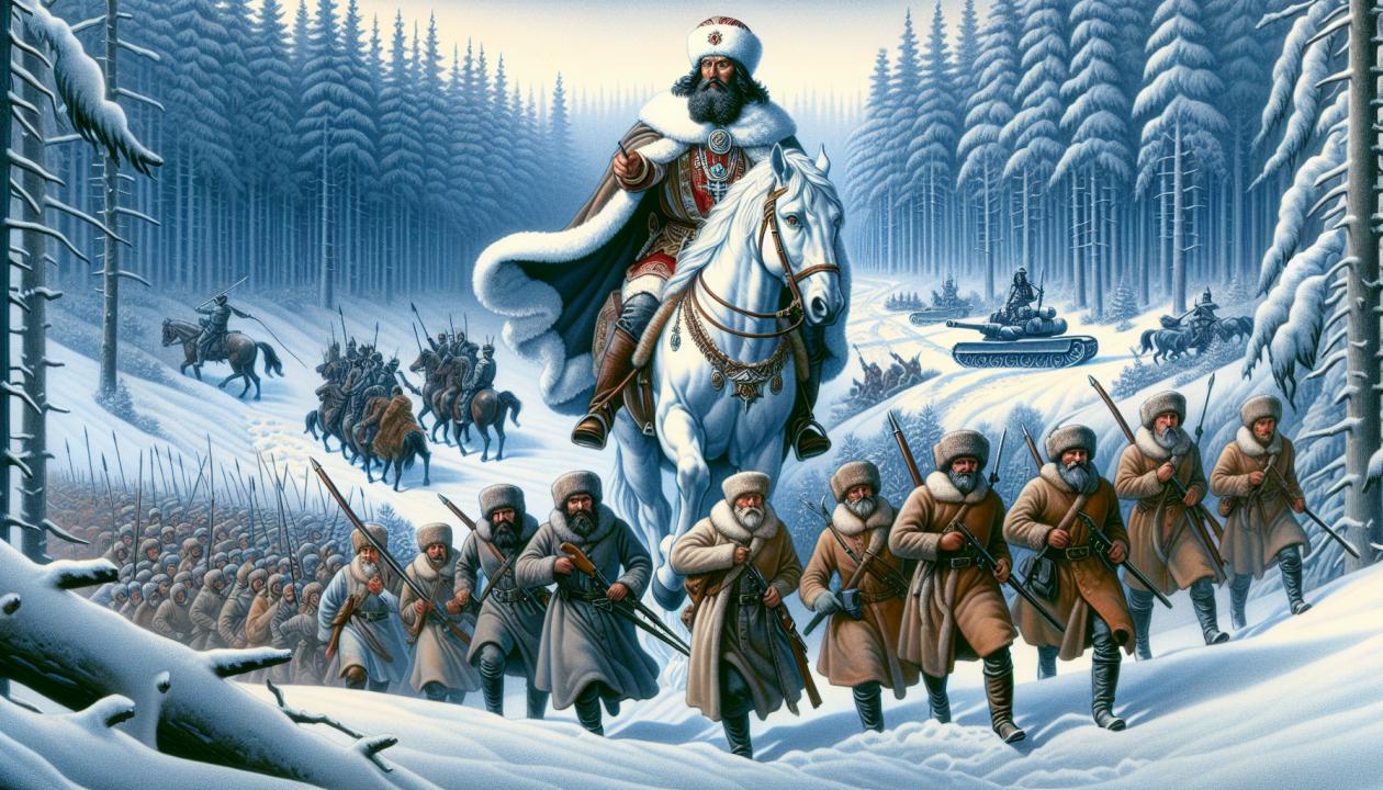 Изображение Ивана Сусанина в русском лесу, где он ведёт польских воинов по запутанным тропам, отсылая их от царя Михаила Романова. На фоне виден зимний лес, покрытый снегом, создающий атмосферу холодного, но мужественного действия.