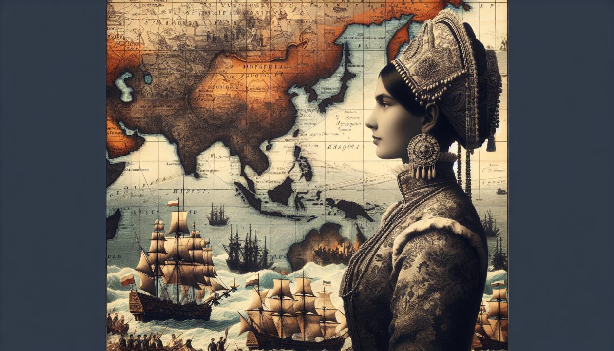 Изображение Екатерины II на фоне карты Европы 18 века, с изображениями сражений и флота, отражающими изменения в международном положении России.
