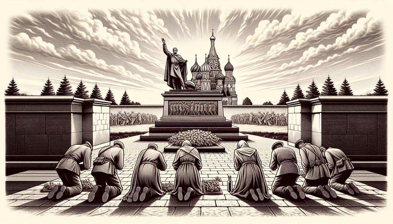 Иллюстрация памятника на Поклонной горе в Москве с ярким небом и людьми, преклоняющими колени в памяти о погибших солдатах.