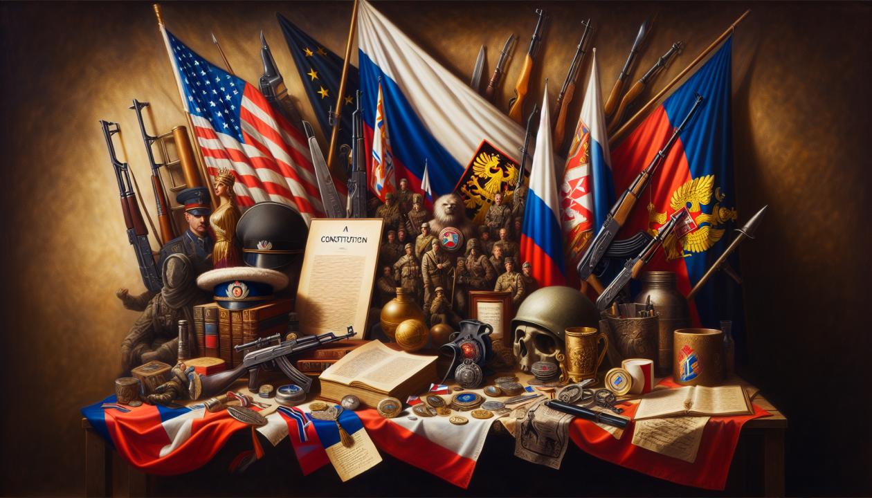 Различные символы и атрибуты, связанные с государственностью, такие как флаг, герб, конституция, военные формирования и т.д.