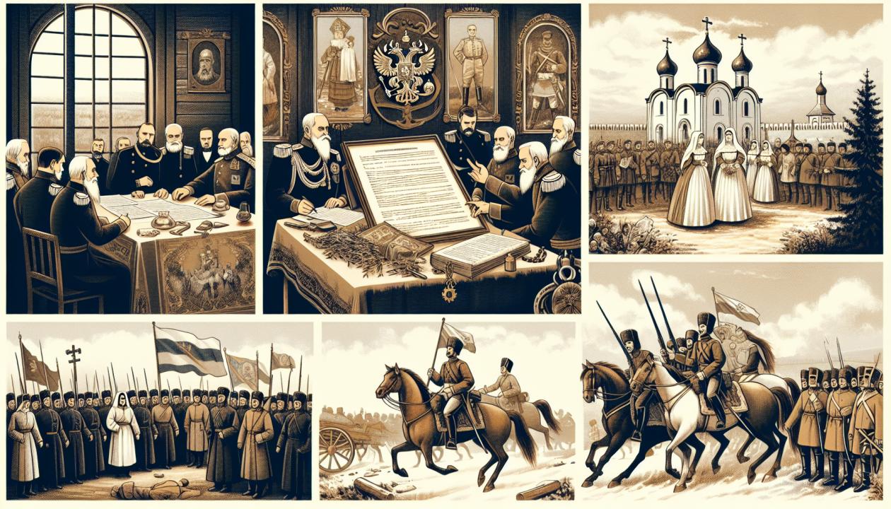 Иллюстрация событий 19 века в России, изображающая исторические моменты, такие как подписания важных манифестов, батальное сражение 1812 года и мирные дела.