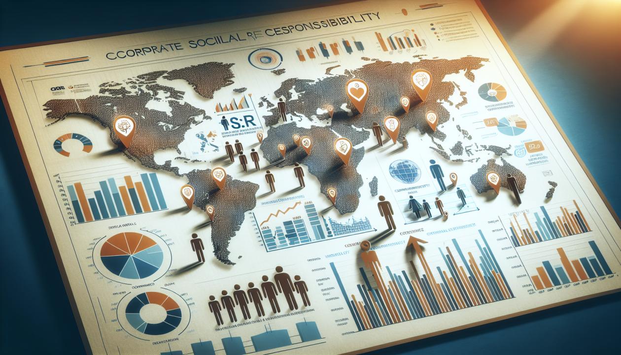 Изображение, иллюстрирующее концепцию корпоративной социальной ответственности: глобальная карта с отметками о странах, где успешно внедрены принципы КСО, и графики, показывающие позитивные социальные и экономические изменения.