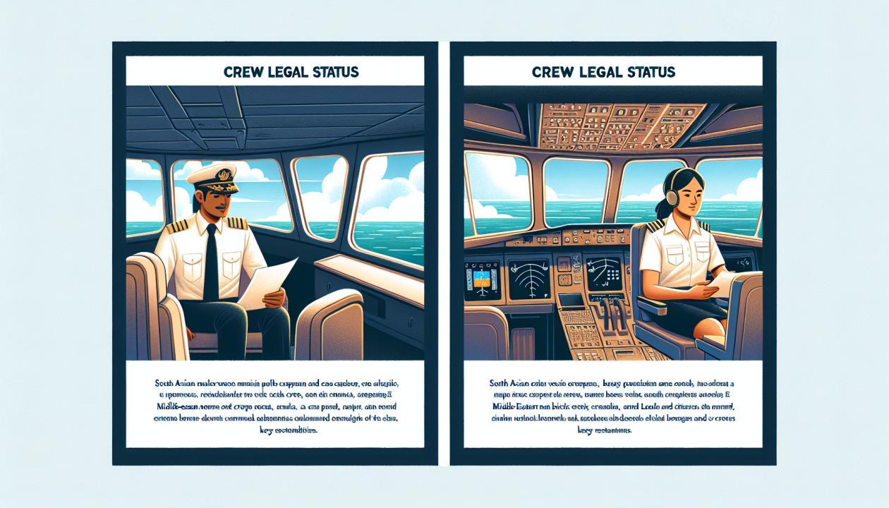 Иллюстрация, показывающая экипаж морского судна и экипаж воздушного судна в виде двух параллельных сцен. В первой сцене - капитан и члены экипажа на палубе корабля, выполняющие свои обязанности, с морем и горизонтом на фоне. Во второй сцене - пилот и стюардесса в кабине самолета, контролирующие ситуацию, с облаками и небом за иллюминатором. Над каждой сценой - текстовые блоки с ключевыми аспектами правового статуса экипажа.