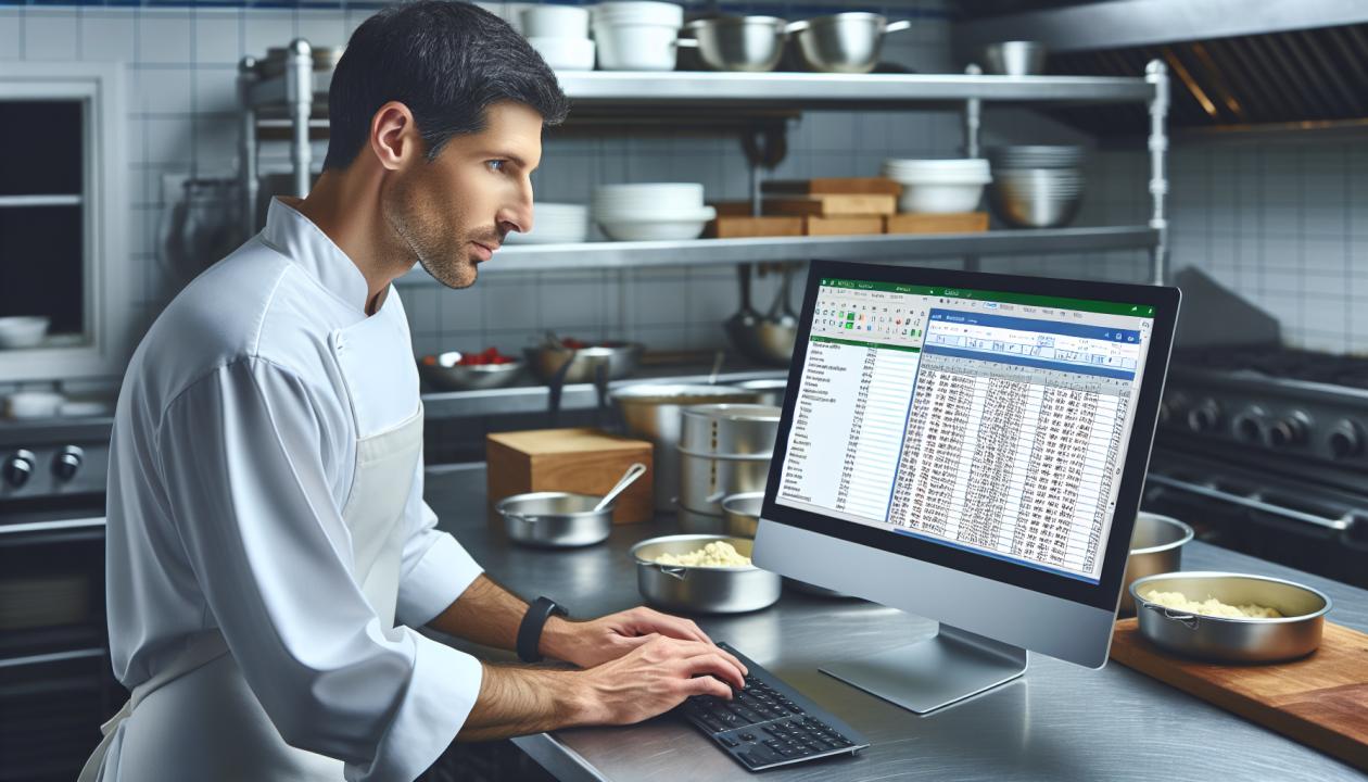 Повар, работающий с пакетом Microsoft Excel и языком программирования R для анализа данных приготовления блюд.