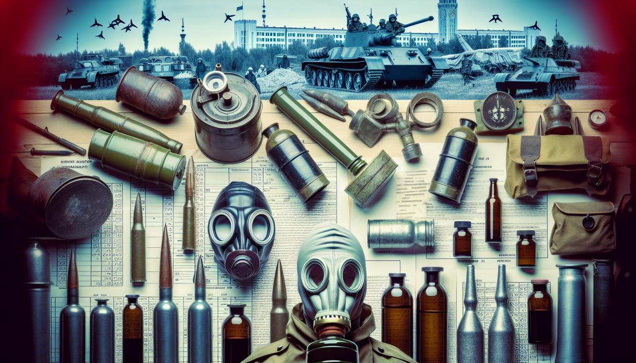 Изображение, иллюстрирующее химическое оружие: различные химические снаряды, ракеты и противогазы на фоне военной сцены или исследований в лаборатории. Акцент на опасности и борьбе с химическим оружием, с использованием символов мира.