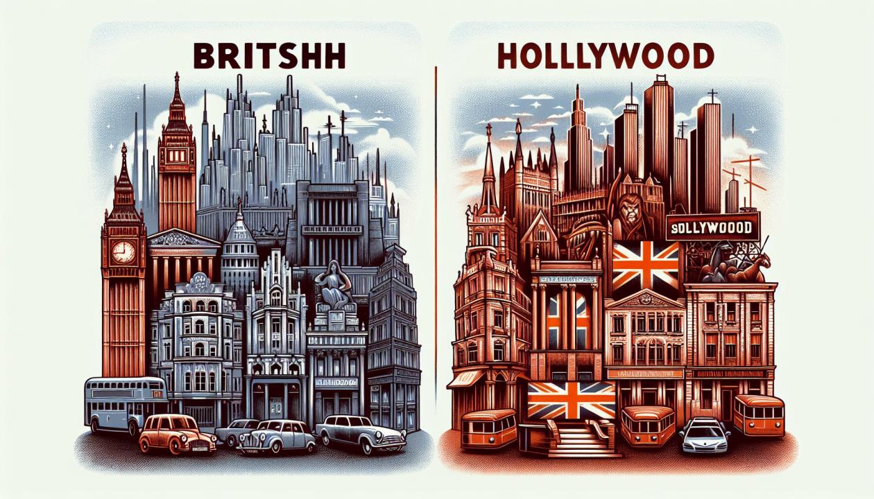 Иллюстрация, показывающая контраст между британским и американским кино: с одной стороны - лондонский городской пейзаж и классические британские здания, с другой - голливудские небоскребы и знаменитые знаки.