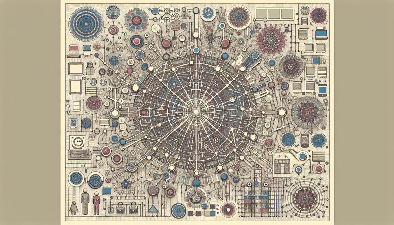 Графическое изображение сети Internet в виде паутины с элементами онлайн-маркетинга и электронной коммерции