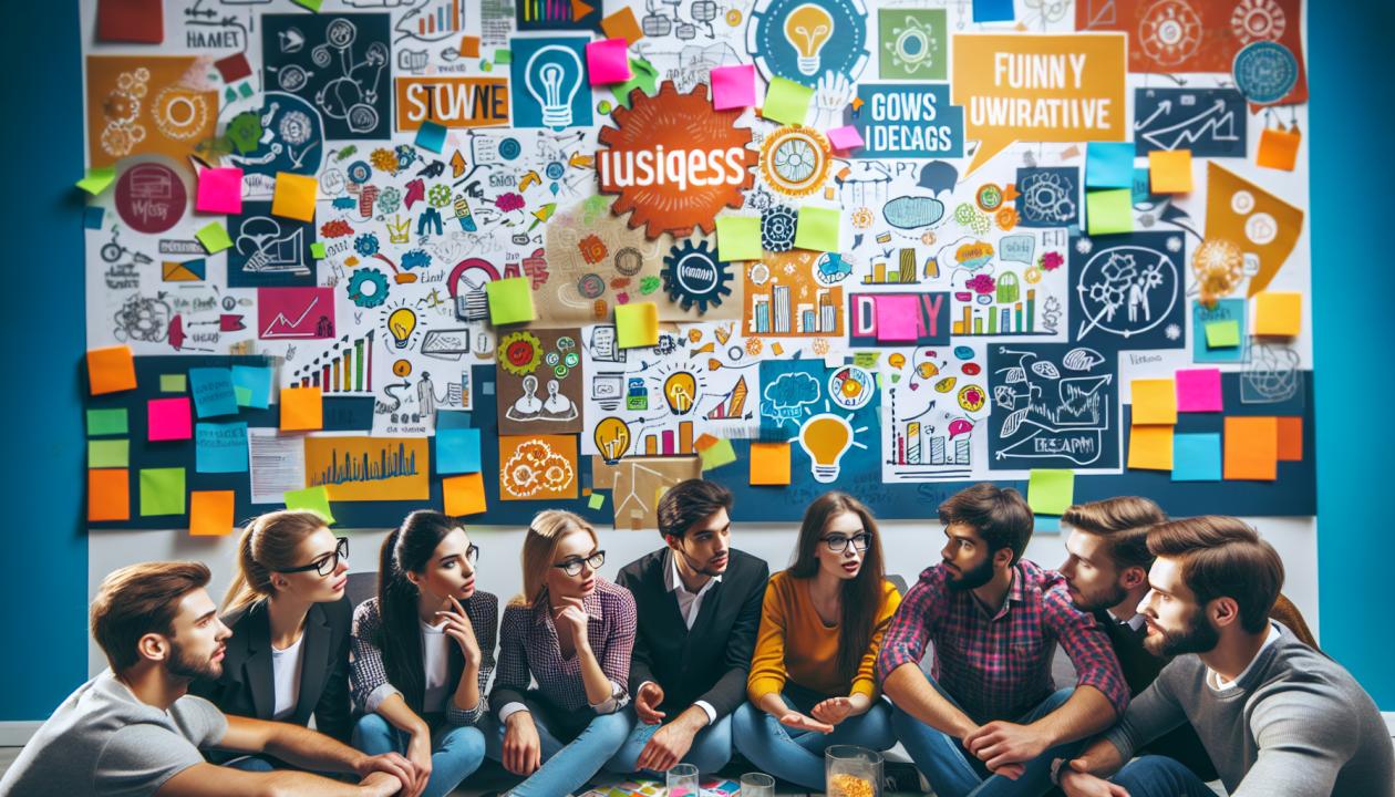 Изображение группы молодых людей, обсуждающих бизнес-идеи на фоне разноцветных стикеров и схем