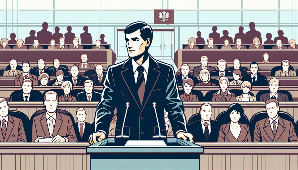 Иллюстрация с изображением Константина Черненко на трибуне во время одного из заседаний, с фоном партийного собрания.