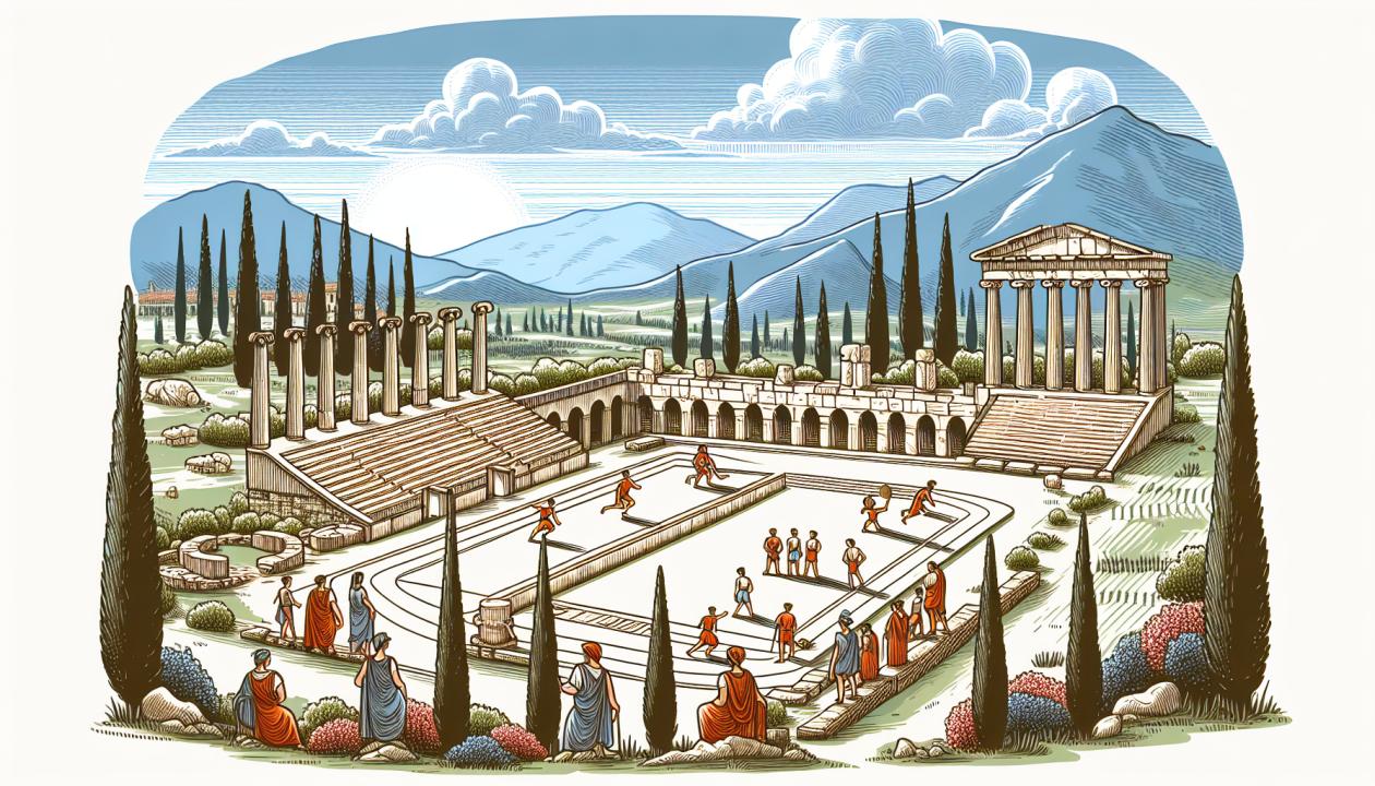 Иллюстрация: визуализация древнегреческой Олимпии с архитектурными и спортивными объектами времен античности.
