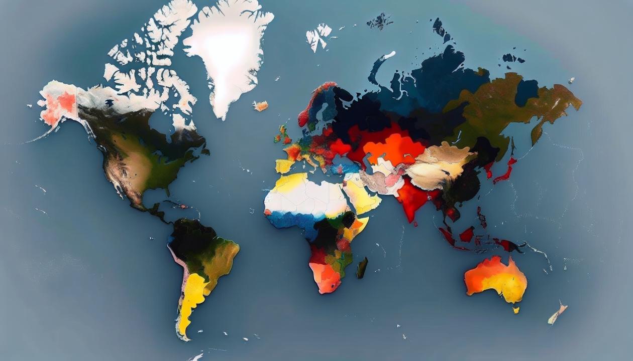 Карта мира с отмеченными странами, демонстрирующими различные географические особенности и их влияние на экономику.