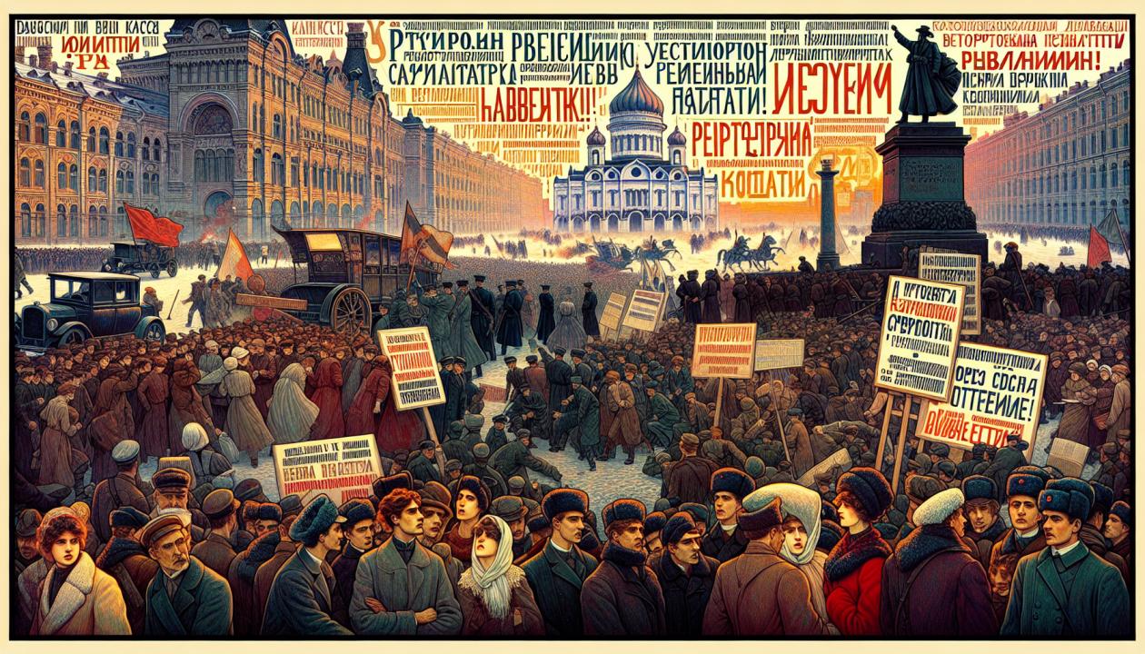 Изображение, отражающее атмосферу Первой русской революции 1905 года, с фоном массовых протестов и стачек, людьми, выражающими свои требования, а также историческими символами того времени, такими как плакаты с лозунгами, выступления митингующих и полицейские действия.