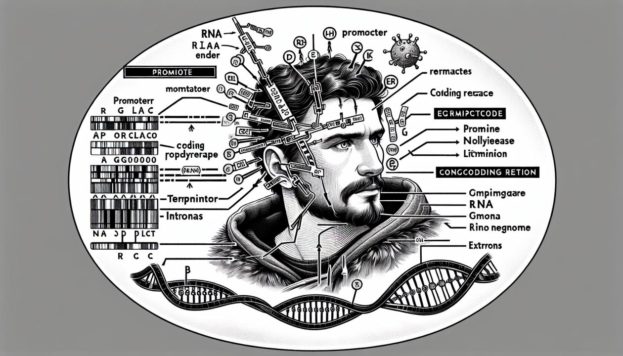 Схема, изображающая структуру транскриптона, включая промотор, информативные и неинформативные зоны, а также терминатор. Включить указатели, показывающие, где связывается РНК-полимераза и какие области являются экзонами и интронами.