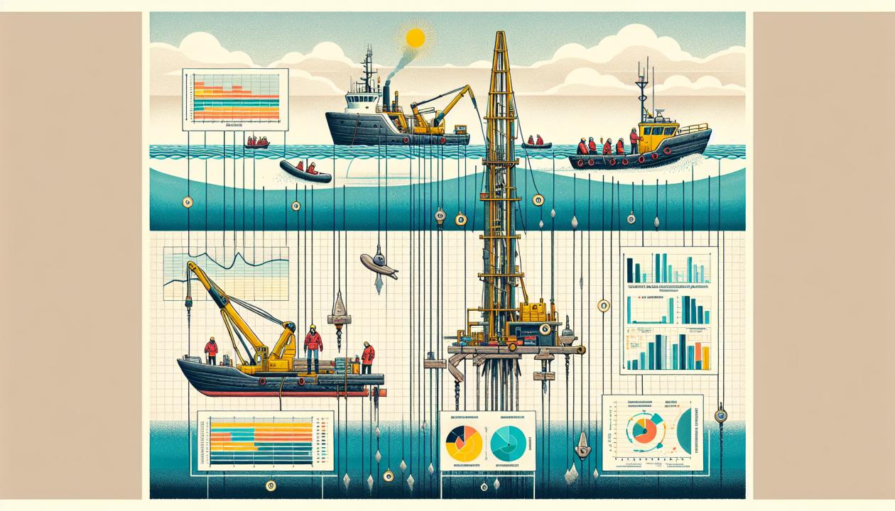 Иллюстрация процесса геофизического исследования на море, показывающая бурение, лодки с геофизическим оборудованием и процесс анализа данных с графиками и схемами.