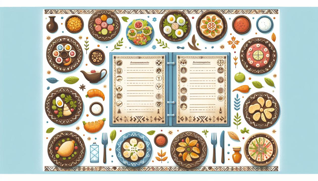 Иллюстрация с изображением разнообразного меню для людей с ограниченным питанием, на столе расположены разные блюда, оформленные с заботой о людях с особыми потребностями.