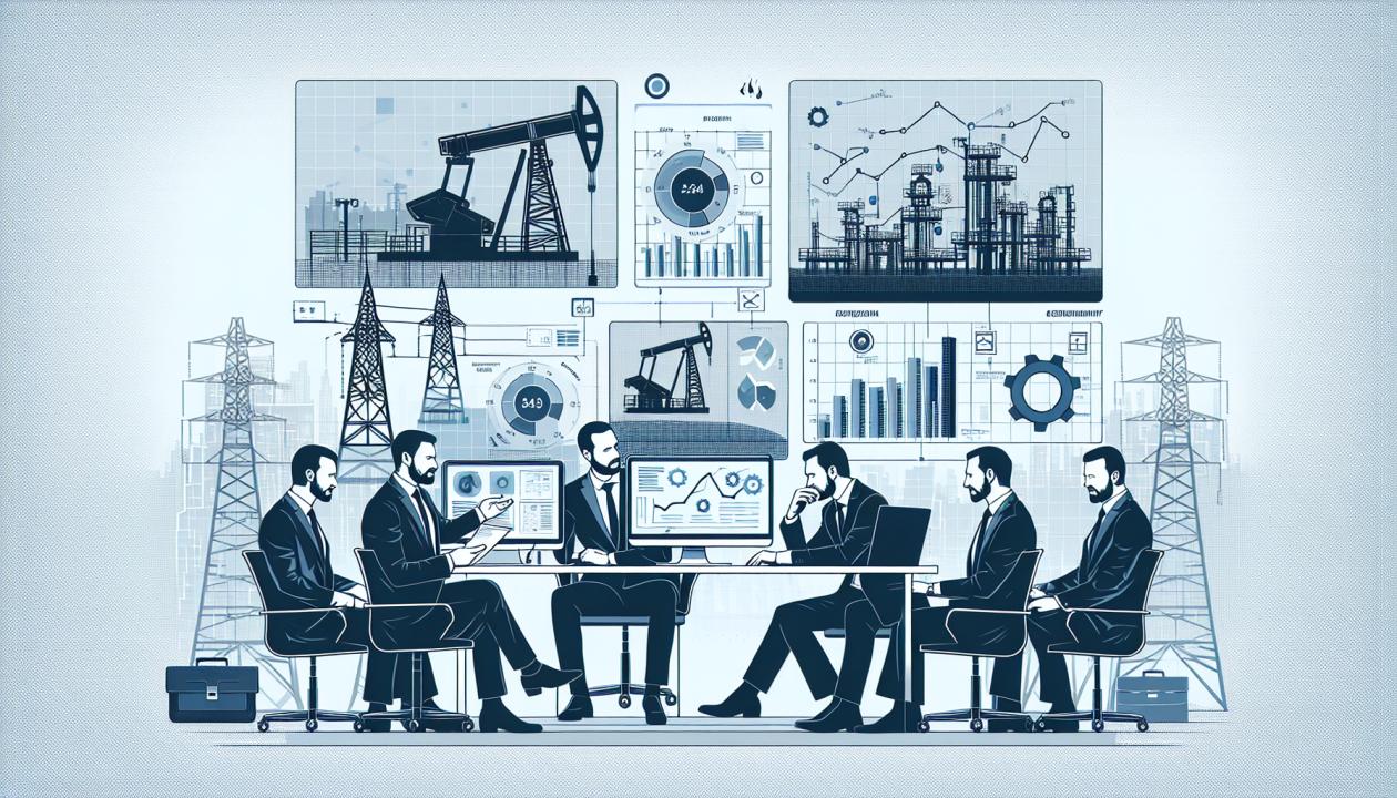 Изображение, отражающее концепцию современного менеджмента в нефтегазовой отрасли. На картине можно изобразить офисные сцены, где специалисты обсуждают контракты, с графиками и диаграммами на экранах компьютеров. Добавить элементы газовой и нефтяной инфраструктуры на фоне, чтобы подчеркнуть тематику отрасли.