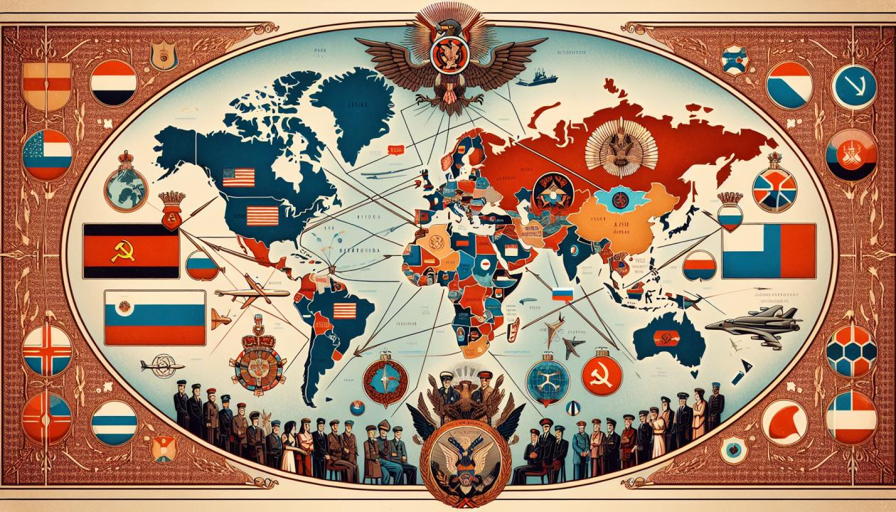 Изображение исторической карты, показывающей разделение мира на два лагеря во время Холодной войны, с элементами дипломатических переговоров, ядерного противостояния и символами основных государств, вовлеченных в конфликт.