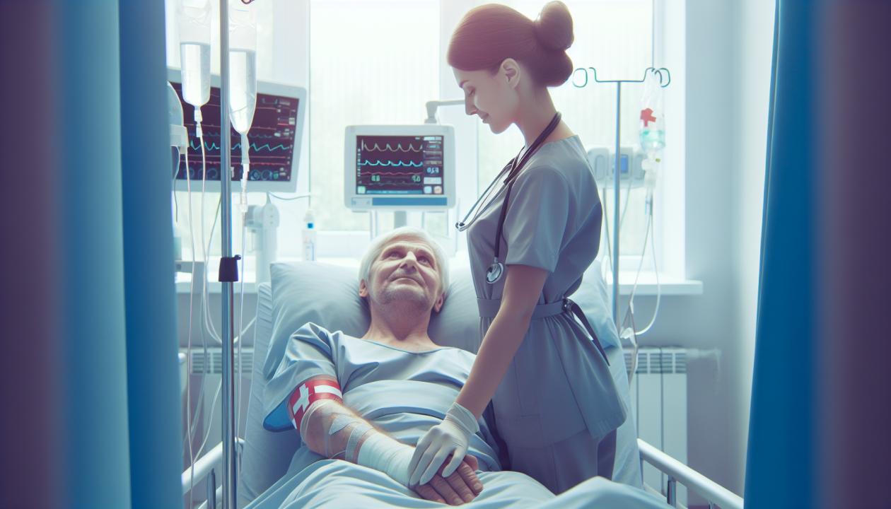 Изображение медсестры, работающей с пациентом в послеоперационной палате, окруженной медицинским оборудованием. Внимательный и заботливый подход медсестры к пациенту, с акцентом на оказание помощи и поддержку в процессе реабилитации.