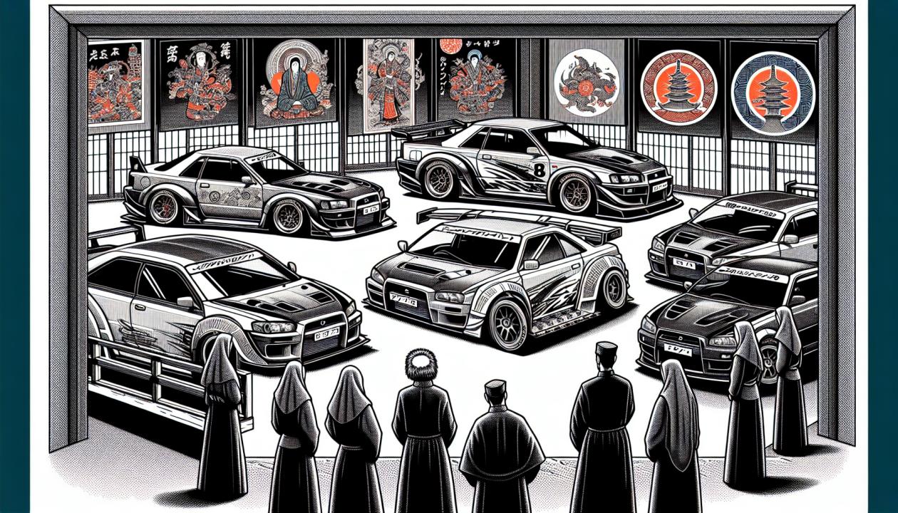 Иллюстрация проекта может включать в себя изображения тюнингованных JDM-автомобилей, логотипы японских автомобильных компаний, характерные детали тюнинга.