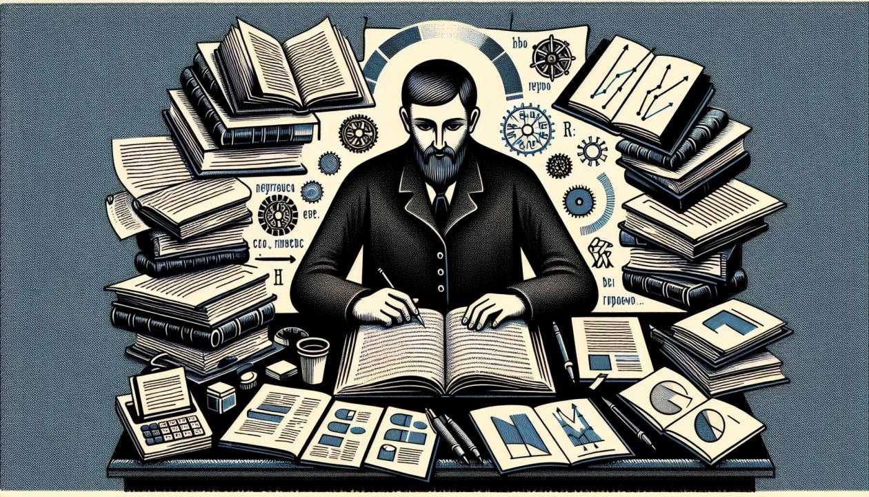 Иллюстрация, изображающая анализ текста: сидящая за столом персонаж, окруженный открытыми книгами, журналами и документами, с заметками и графиками на столе.