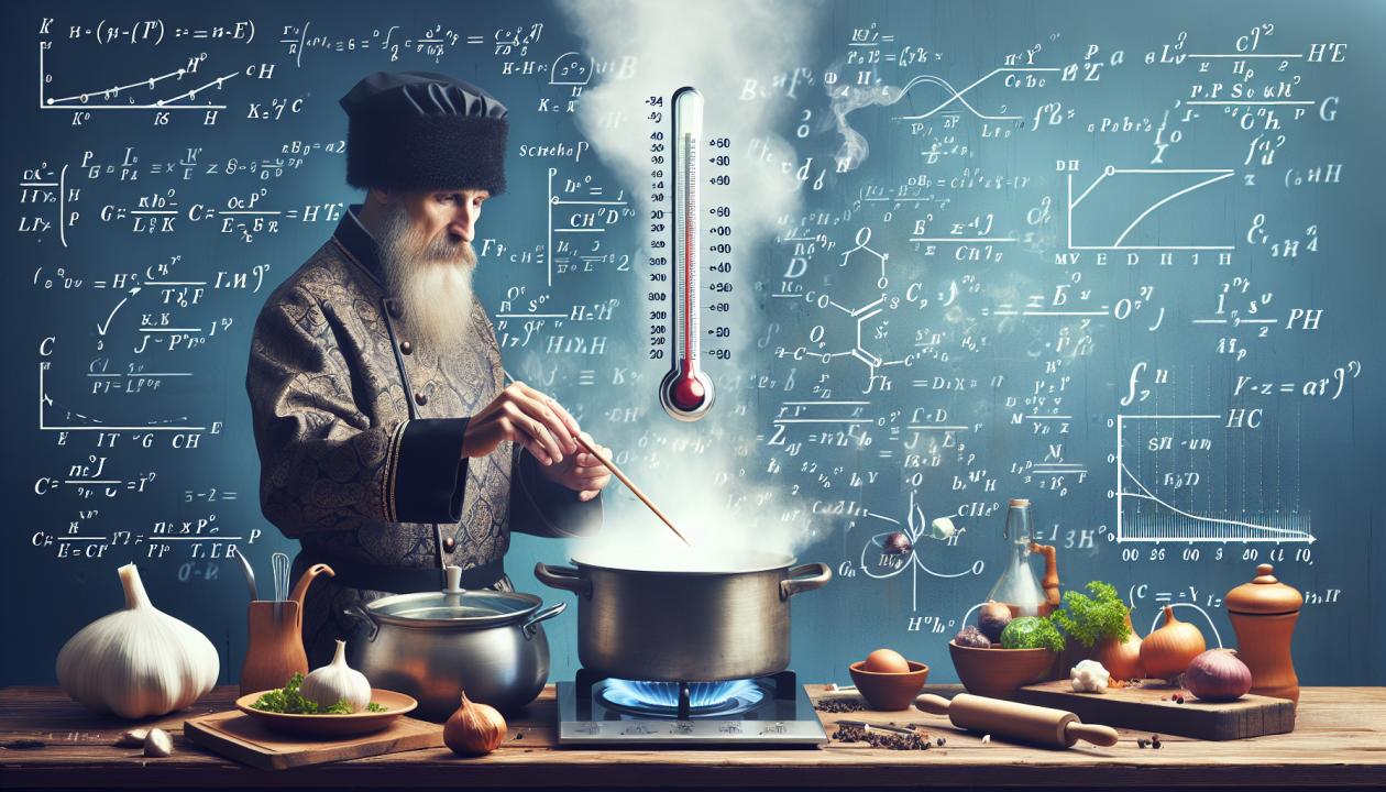 Изображение, иллюстрирующее взаимодействие физики и кулинарии, с показом термометра на кухне и процесса приготовления пищи.