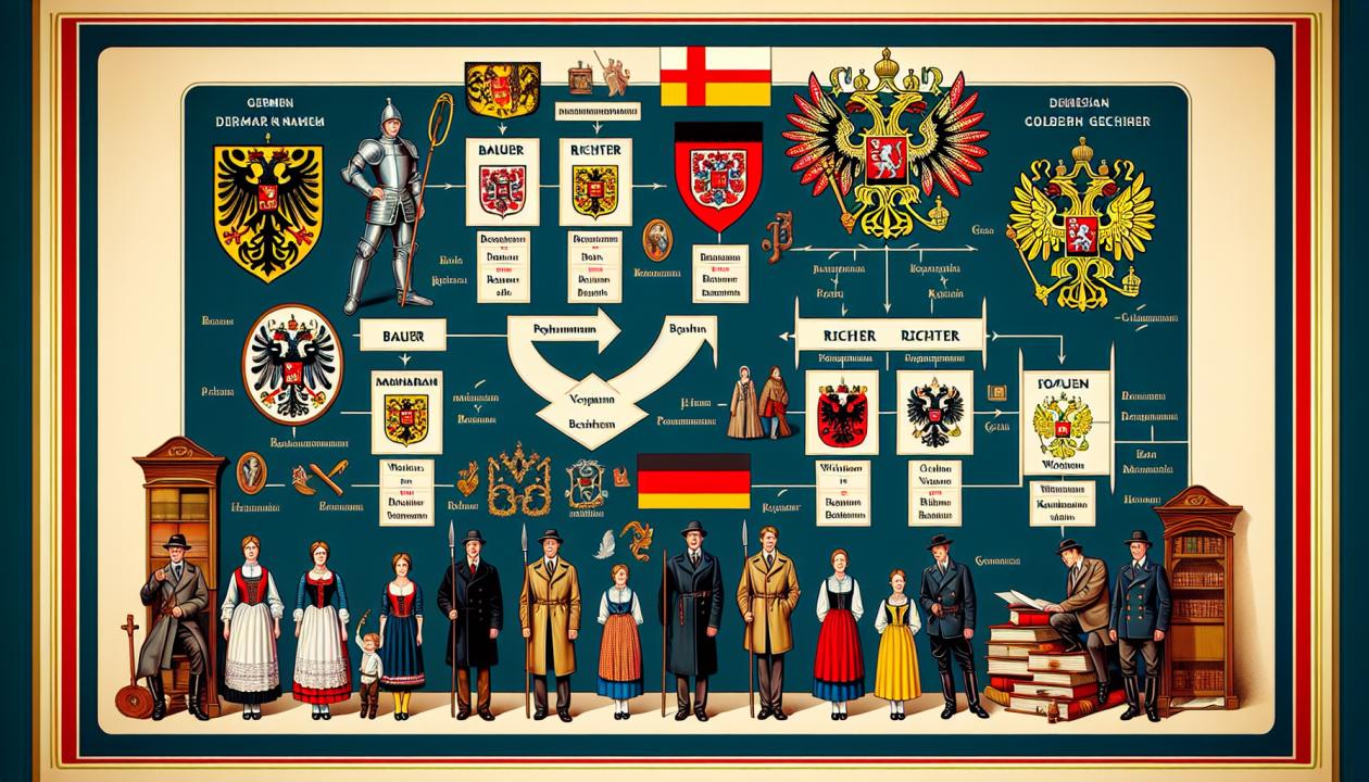 Изображение, иллюстрирующее процесс склонения немецких фамилий на фоне русской грамматики. На картинке можно увидеть примеры фамилий 'Бауэр', 'Рихтер' и 'Вихерт', показанные в мужском и женском родах с соответствующими падежными окончаниями. Также добавить элементы, символизирующие немецкую и русскую культуру, такие как гербы, книги, и людей.
