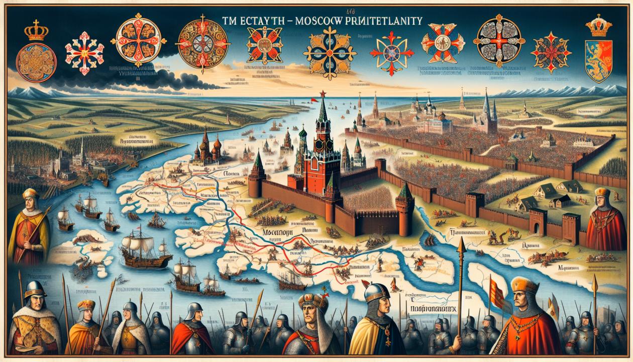 Изображение исторической карты Московского княжества времен Василия III, на фоне которой изображены ключевые события его правления: объединение русских земель и конфликты с Ливонским Орденом. Карта должна включать географические обозначения, такие как Москва, Тверь, Казань и другие значимые города, с добавлением символических икон, иллюстрирующих основные происшествия того времени.