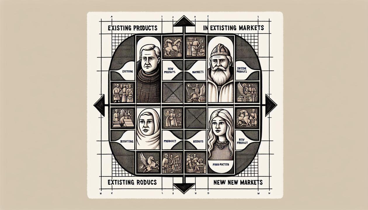 Иллюстрация матрицы Ансоффа, где показаны четыре квадранта: существующие продукты на существующих рынках, новые продукты на существующих рынках, существующие продукты на новых рынках и новые продукты на новых рынках, с графическими элементами, иллюстрирующими примеры компаний.