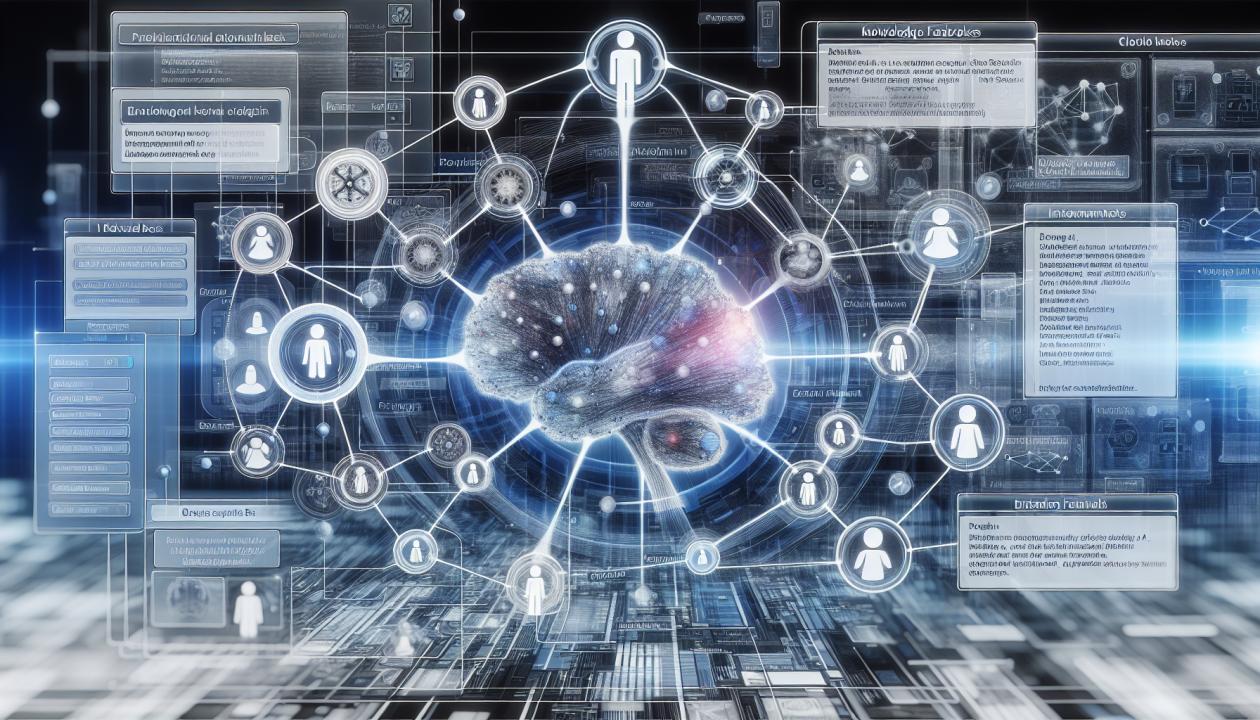 Изображение нейросети, визуализирующей процесс принятия решений в экспертных системах. На картинке должны быть представлены динамически соединенные узлы, символизирующие базы знаний, а также схемы взаимодействия с пользователями и экспертами. Фон технический, современный, с элементами готового программного обеспечения.