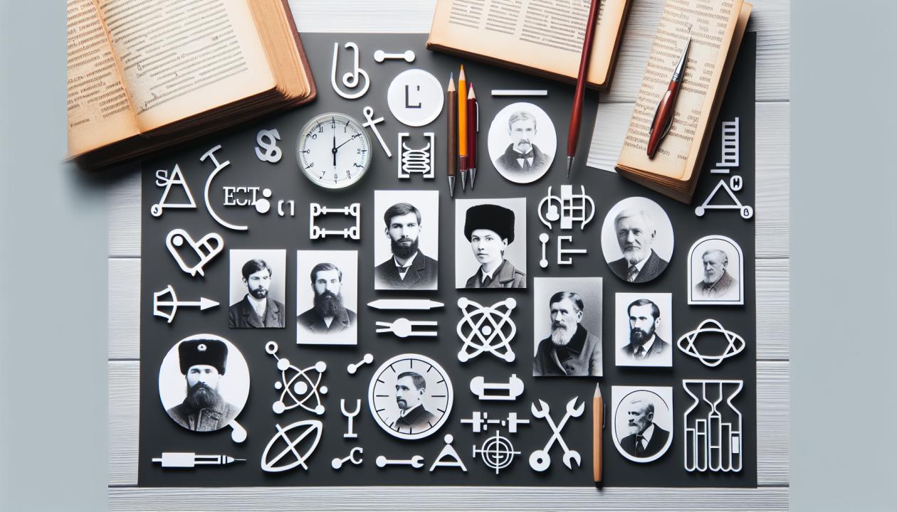 Изображение лингвистических трудов и фотографии ученых-лингвистов, а также символы, связанные с изучением русского языка