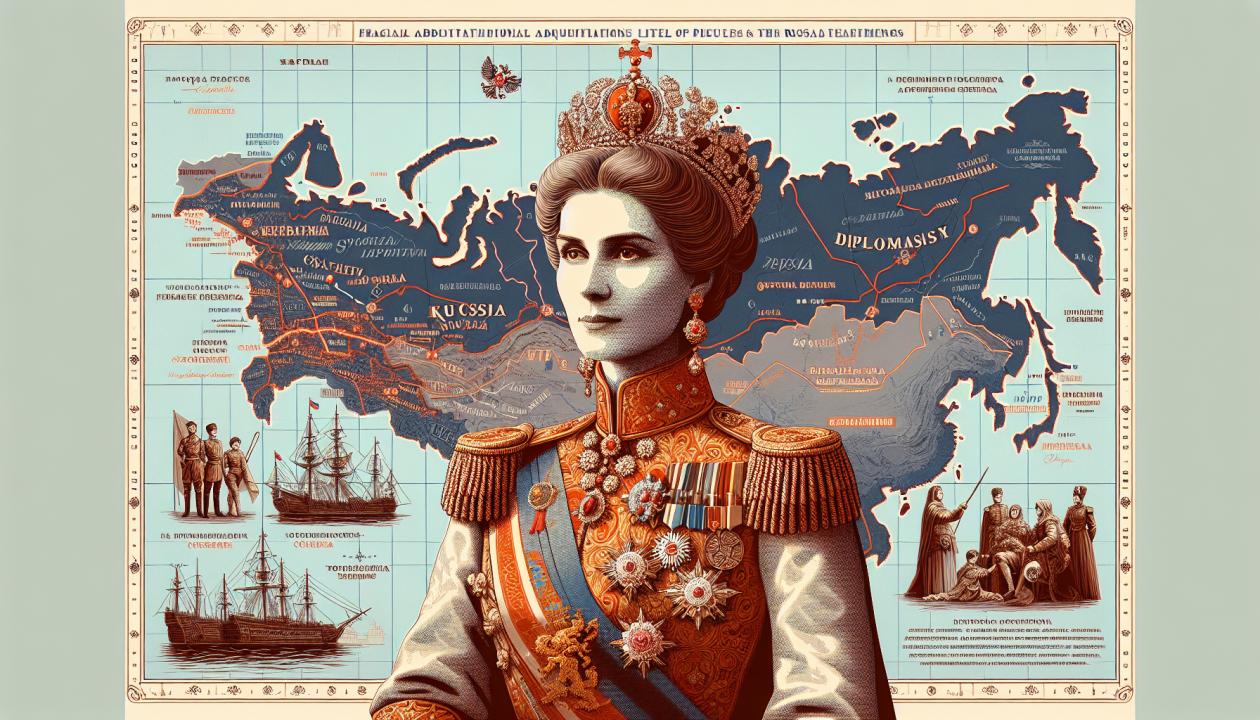 Изображение Екатерины II на фоне карты России XVIII века, с указанием территориальных приобретений, таких как Крым, и ключевых сражений Русско-турецких войн. Включить элементы, символизирующие дипломатию, такие как мирные договоры и переговоры.