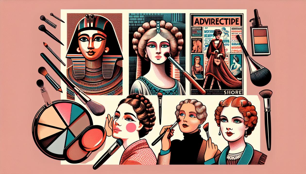 Иллюстрация, показывающая историческую эволюцию визажа: древние египетские женщины с подводкой глаз, средневековые дамы с румянами, модели из 20 века на фоне рекламных плакатов и современный визажист за работой.