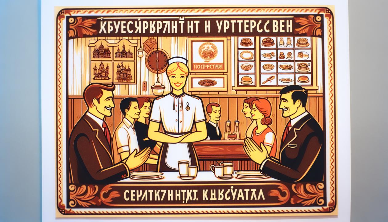 Иллюстрация, показывающая взаимодействие работников ресторана и клиентов, с акцентом на вежливость и профессионализм. На фоне – уютная атмосфера ресторана и улыбающиеся лица сотрудников.