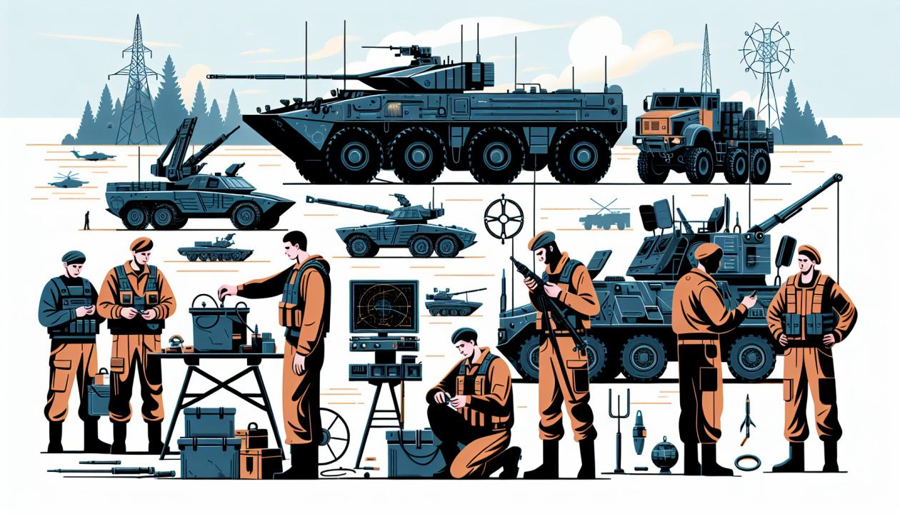 Иллюстрация команды военных специалистов, работающих над техническим обслуживанием бронетанкового вооружения в полевых условиях. На фоне – бронетанковая техника и мобильные средства обслуживания.