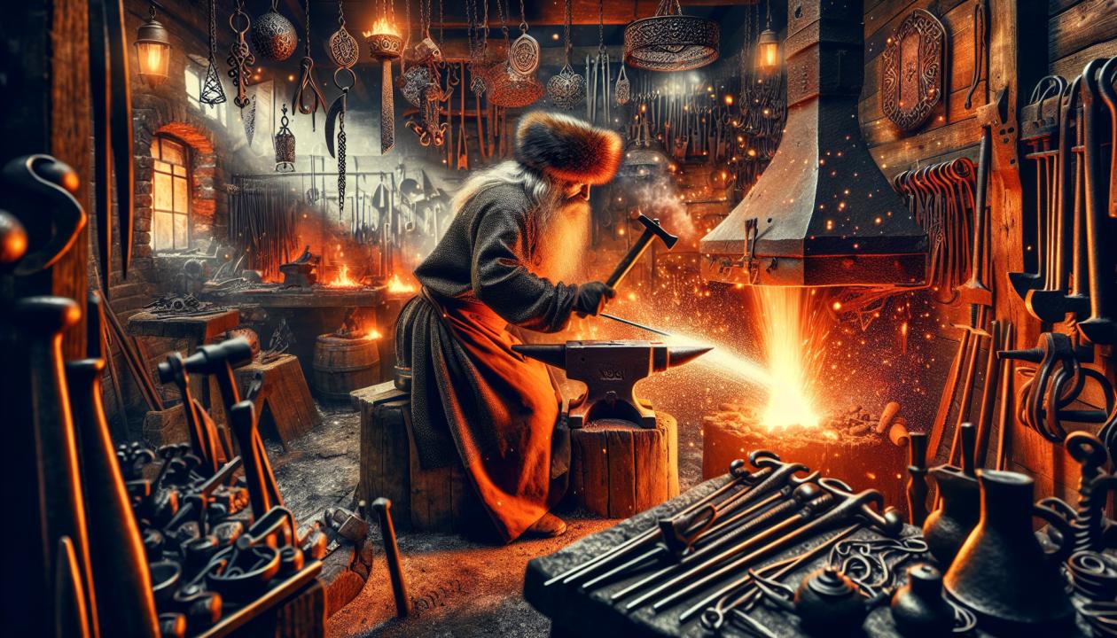 Изображение кузнеца, работающего на наковальне, с ярким огнем и искрами вокруг. В заднем плане видны различные кузнечные инструменты и изделия, таких как красивые кованые украшения и инструменты. Атмосфера рабочей мастерской, выражающая динамичность и креативность процесса ковки.