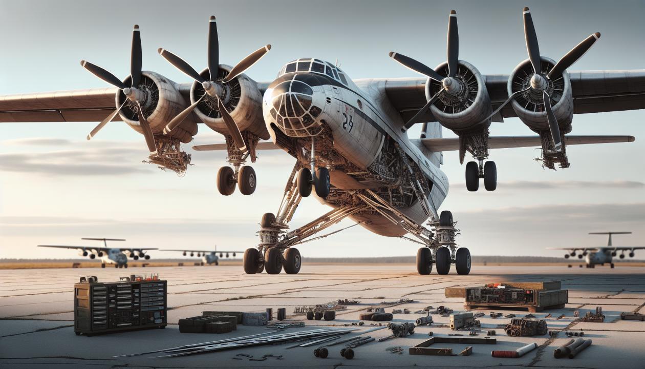 Изображение самолёта Ан-26 на фоне аэродрома, с акцентом на шасси и закрылки. Шасси должно быть изображено в детальном виде, показывая колеса на земле и элементы конструкции, такие как стойки шасси. Закрылки должны быть представлены в открытом положении на крыльях, демонстрируя их структуру. Фон включает технические элементы, такие как инструменты и оборудование для обслуживания самолётов.