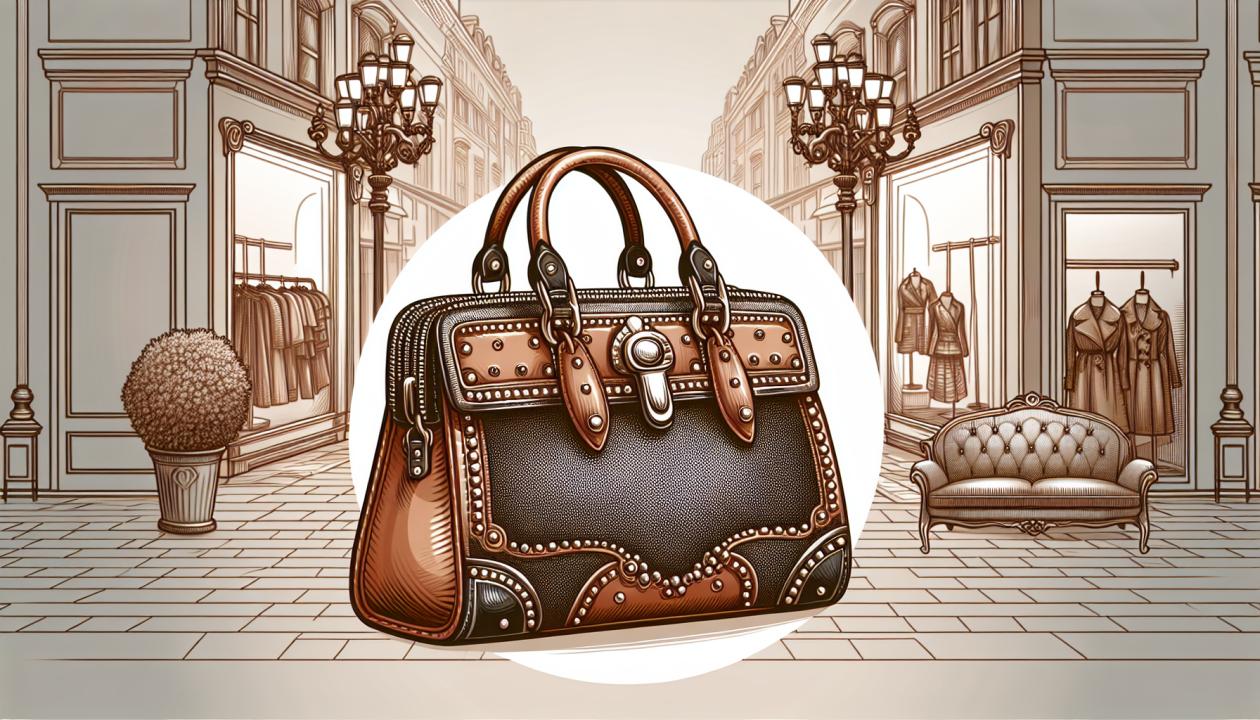 Иллюстрация роскошной сумки Hermès Birkin на фоне бутика, с акцентом на детали и текстуру кожи.