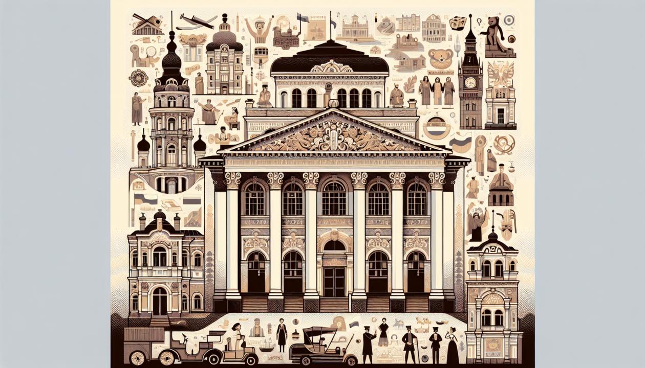 Изображение, на котором сочетаются элементы русского барокко и европейского классицизма в архитектуре, с фоном, отражающим культурные символы России и Европы.