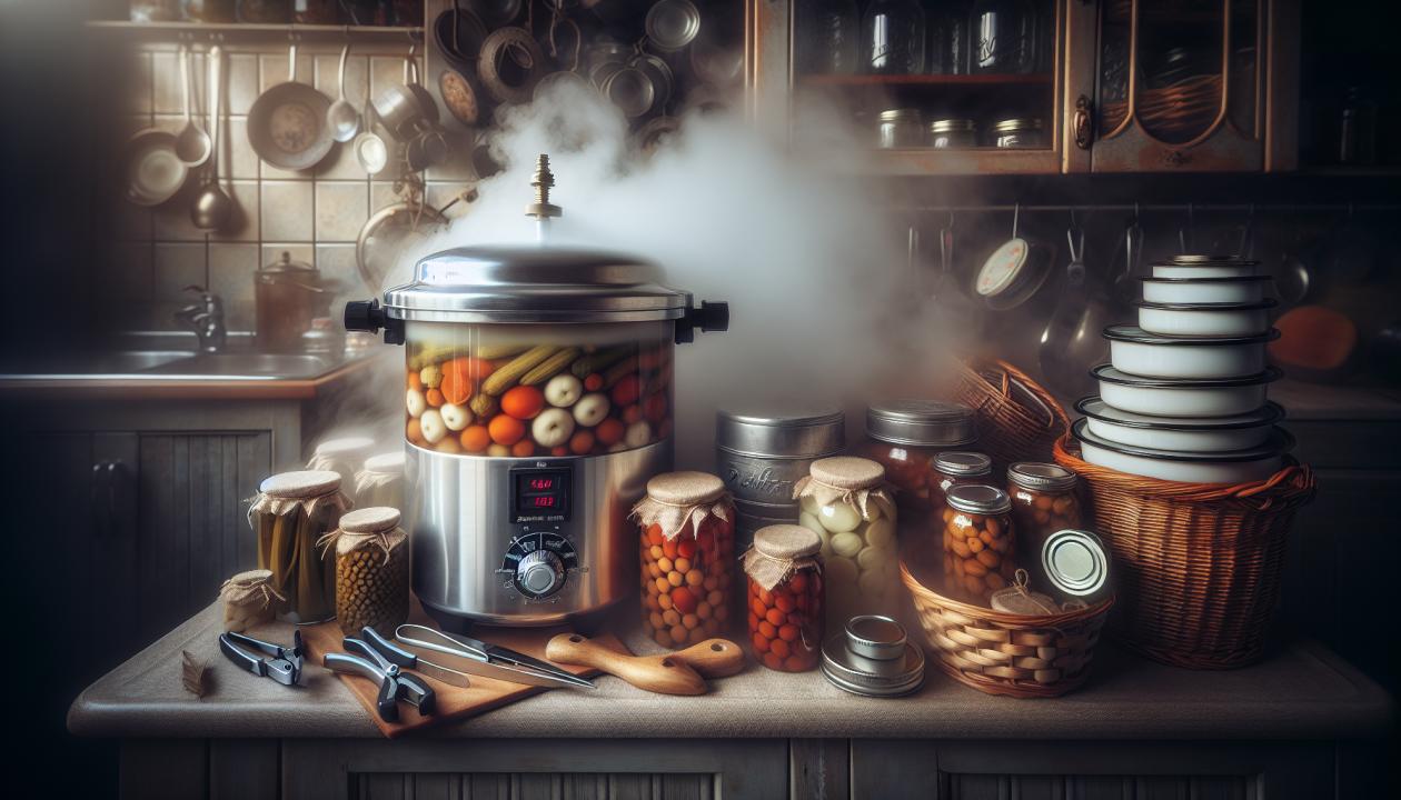 Изображение автоклава в интерьере кухни, с консервированными банками внутри, под дымящимся паром. На фоне должны быть видны элементы консервирования, такие как банки, крышки и инструменты. Атмосфера должна быть уютной и домашней, чтобы показать, как автоклав используется в быту.