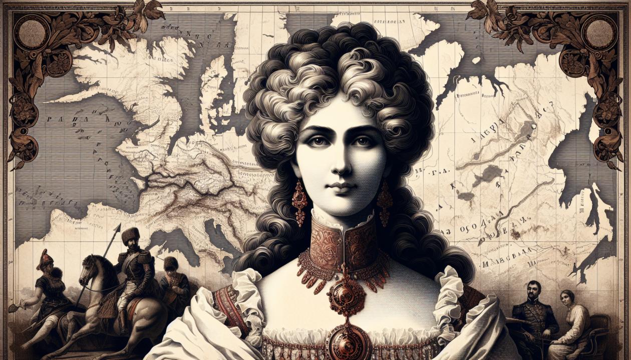 Изображение Екатерины II на фоне карты Российской империи XVIII века, с указанием ключевых территориальных изменений и военных конфликтов.