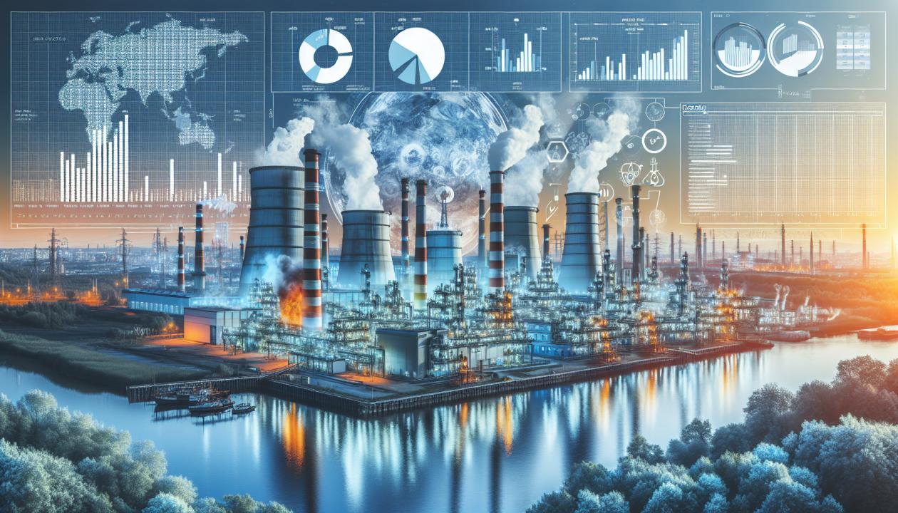 Иллюстрация, depicting a diverse industrial landscape with factories emitting clean versus polluted smoke, surrounded by trees and water bodies, representing the balance between industrial activities and environmental protection, along with graphical elements symbolizing statistics and regulatory documents.