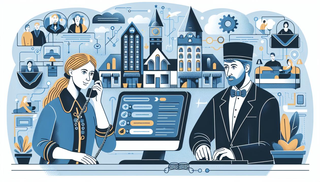 Иллюстрация, показывающая взаимодействие между клиентом и менеджером отеля через телефон и компьютер, с фоном, состоящим из изображений гостиниц и технологий онлайн-продаж.