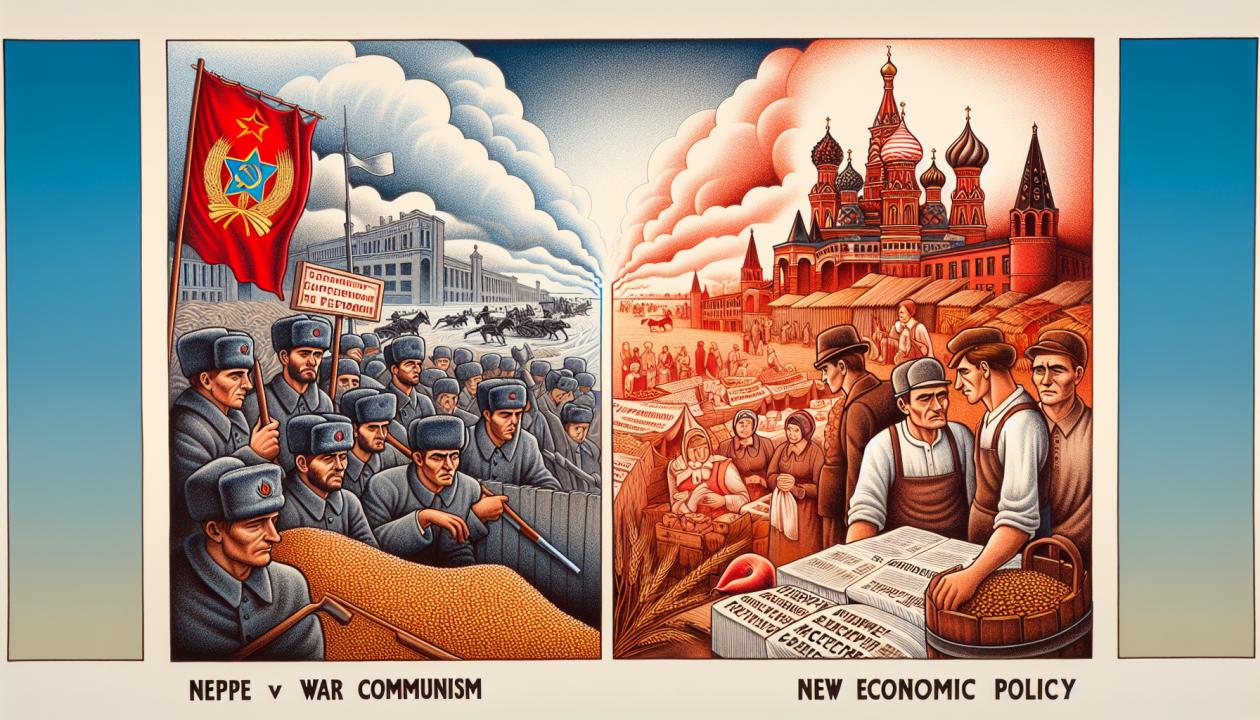Изображение, иллюстрирующее переход от военного коммунизма к НЭП в Советском Союзе. На одной стороне — изображение крестьян, недовольных политикой, с символами хлебозаготовок и протестами, на другой — насыщенная жизнями сцена рынка НЭП с людьми, торгующими товарами и товарами.