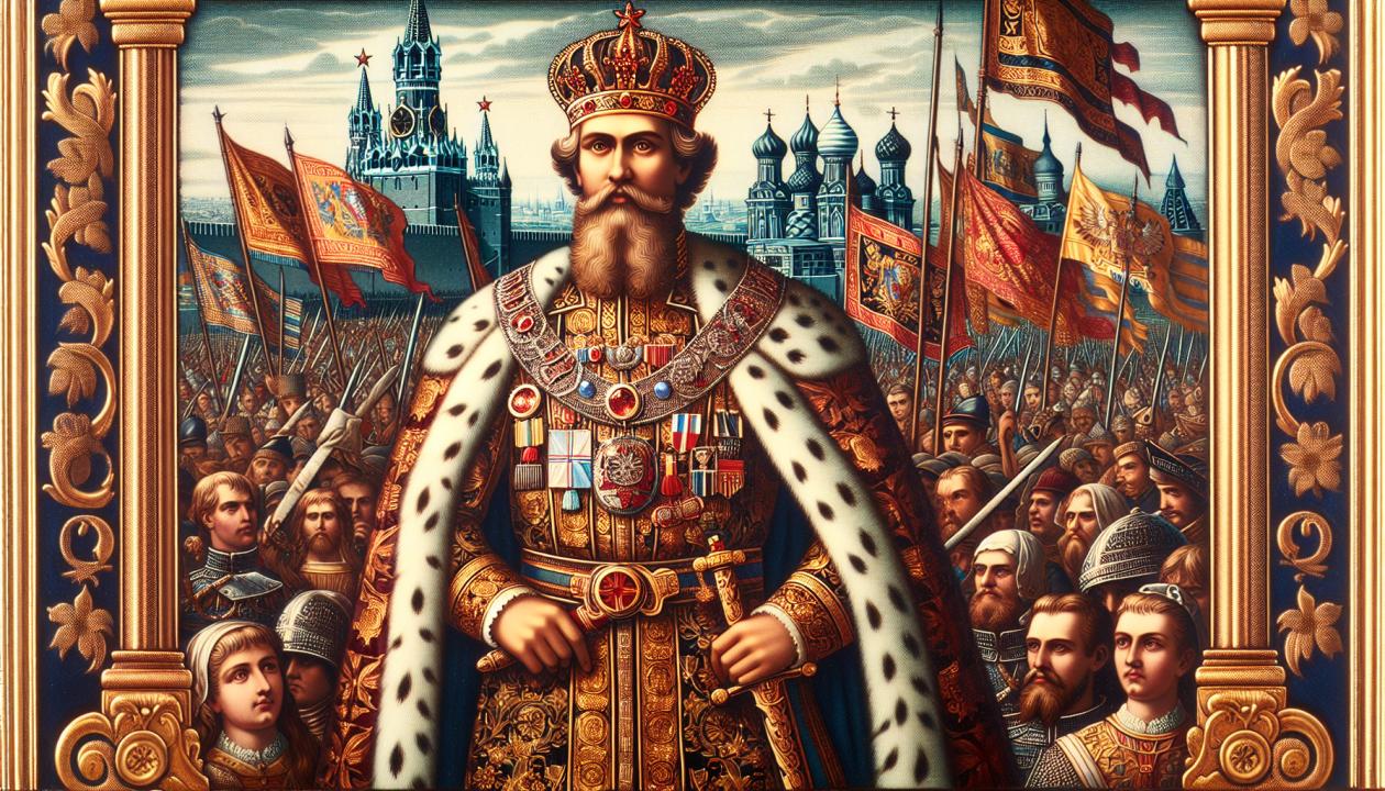 Изображение Лжедмитрия II в роскошных одеждах царя, окруженного знаменами и войсками, на фоне Кремля